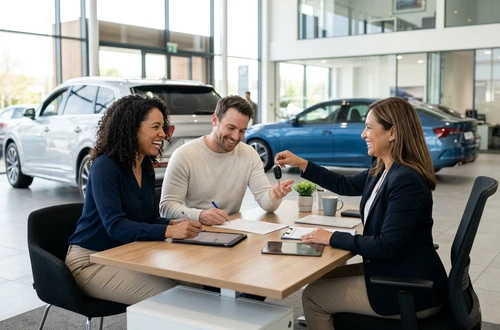 DriveWise lending specialist reviewing a car loan application with a client in a bright modern office